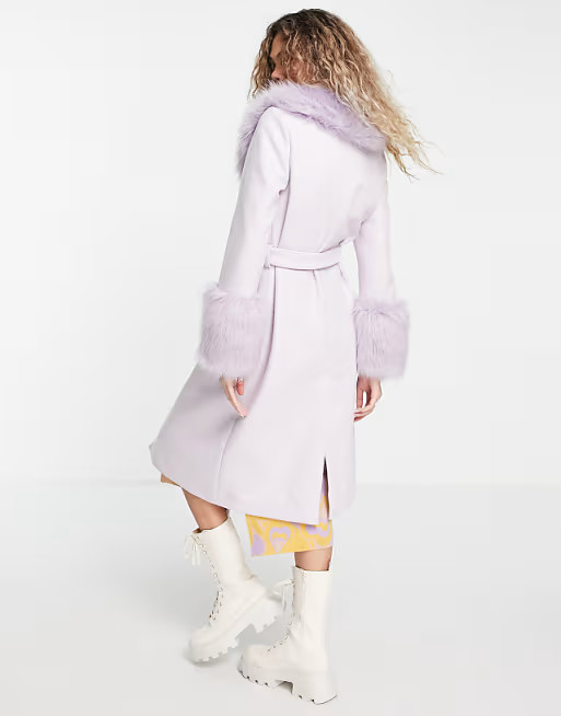 Topshop long belted coat with faux fur trims | ASOS (Global)
