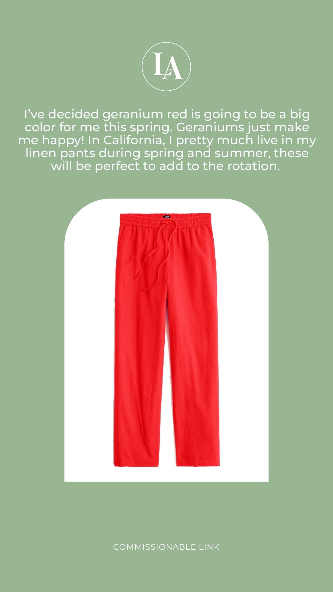 J.Crew Factory linen pants in Belvedere red (but I like to think of it as geranium red!)