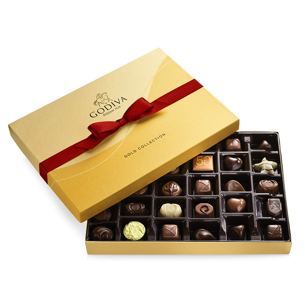 Assorted Chocolate Gold Gift Box, Red Ribbon, 36 pc. | Godiva
