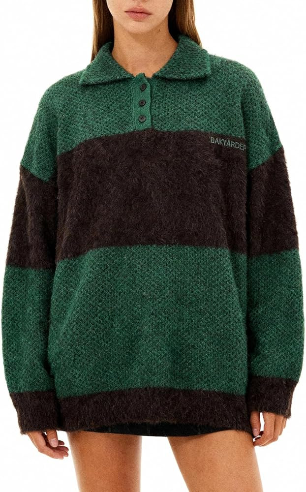 Bakyarder Fuzzy Colorblock Vintage Polo Sweater Unisex Loose Fit Long Sleeve Knit Pullover | Amazon (US)
