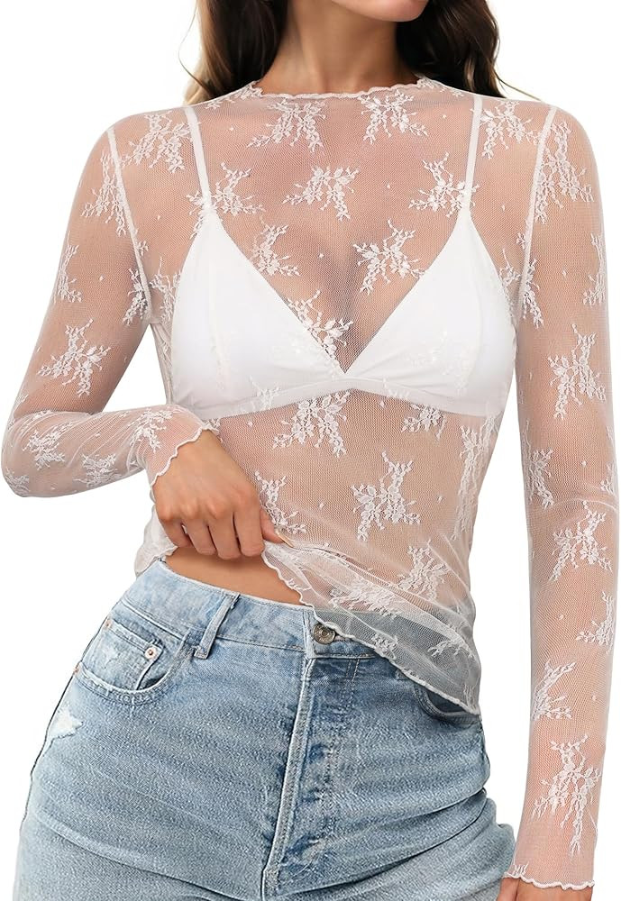 HOTOUCH Women's Mesh Sheer Tops Long Sleeve Layering Top Mock Neck See Through Floral Lace Shirt ... | Amazon (US)