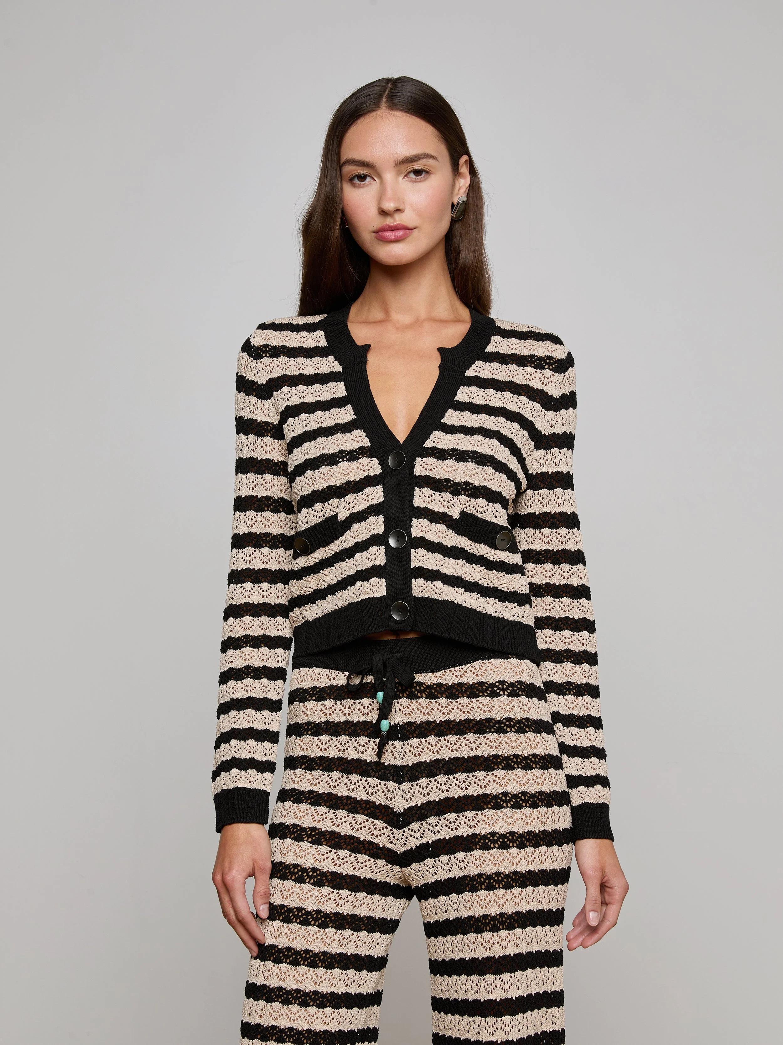 L'AGENCE - Orla Pointelle Knit Cardigan in Black/Natural Stripe | L'Agence
