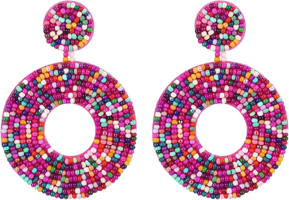 Emibele Beaded Drop Earrings for Women Girls, Multicolored Seed Bead Earrings, Statement Hoop Dan... | Amazon (US)