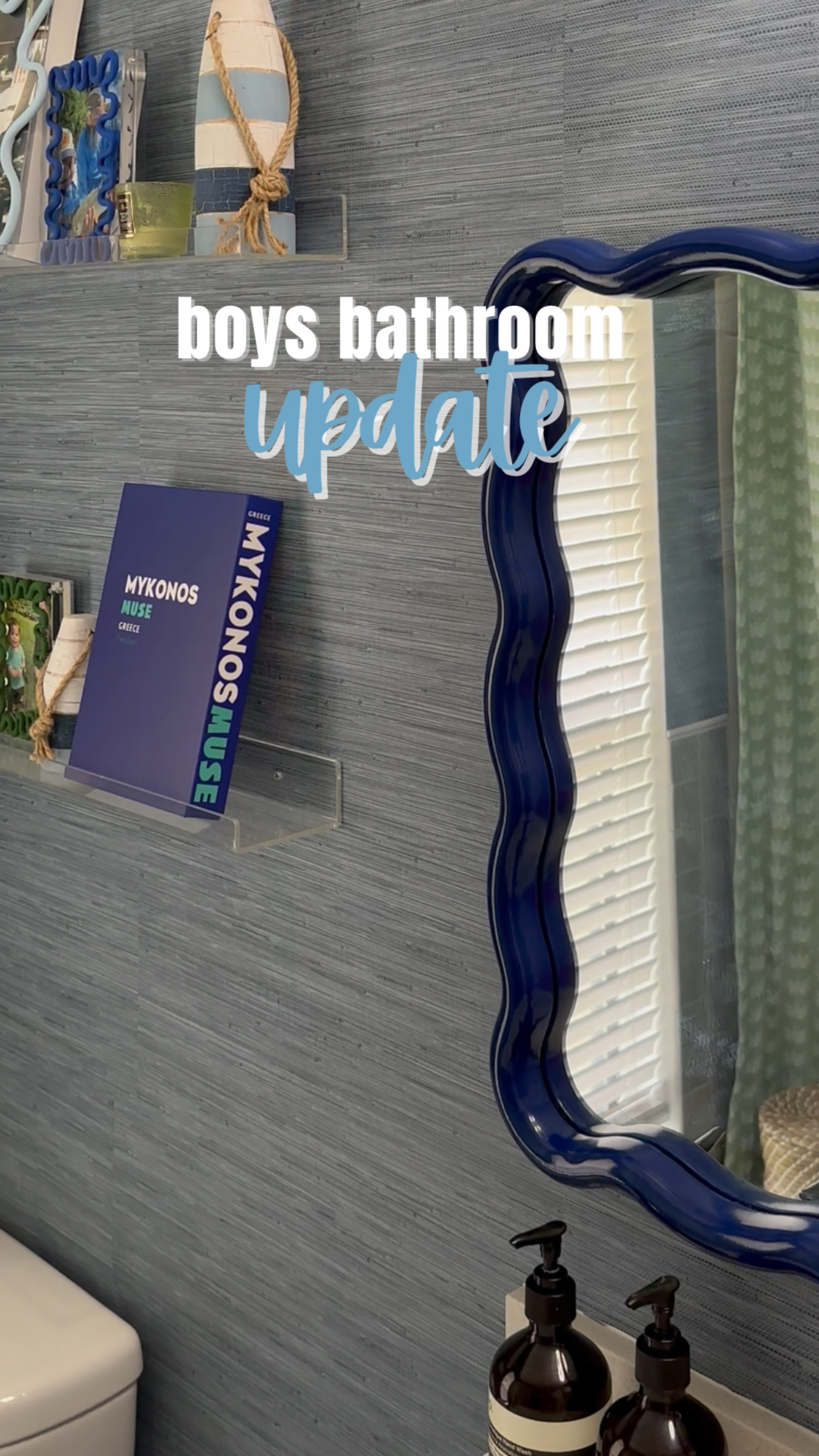 The boys bathroom update is finally complete. 💚💙 A weekend project that turned into MONTHS of hunting for the perfect shower curtain.. I did not think that would be the hardest part of this project! 🫠 Lucky for you I sourced this custom shower curtain from @pepperhome & it arrived DAYS after I ordered it! The rest of the project just took me a weekend - paint on the cabinet, peel & stick @socialsociety wallpaper, a new light & mirror! Read all about this project on thesarahbethblog.com today. #justaddpepper #pepperhome #SLpartner #serenaandlily #socialsociety 

#LTKkids #LTKhome #LTKVideo