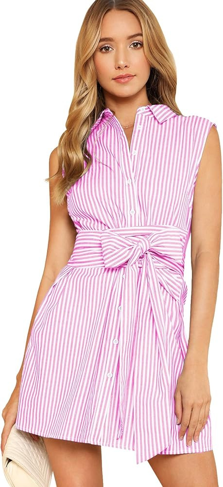 Romwe Women's Cute Striped Belted Button up Collar Summer Short Shirt Dress | Amazon (US)