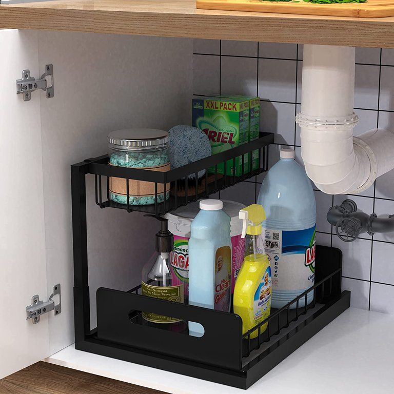 RIOUSERY 2-Tier Under Sink Organizer with Slide Out Shelf, Black Metal Multi-Use Pull Out Cabinet... | Walmart (US)