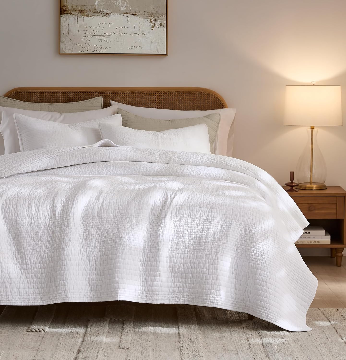 Striped White 100% Cotton Quilt Queen Size Bedding Sets, Lightweight Crinkly Channel Pick Stitch Textured Bedspread Soft Shabby Chic Farmhouse Country Coverlet for All Season, 2 Shams | Amazon (US)