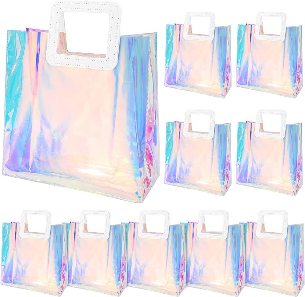 Whaline 10Pcs Clear Holographic Small Gift Bags 7.9 x 7.9 x 4 Inch Iridescent Reusable Tote PVC H... | Amazon (US)