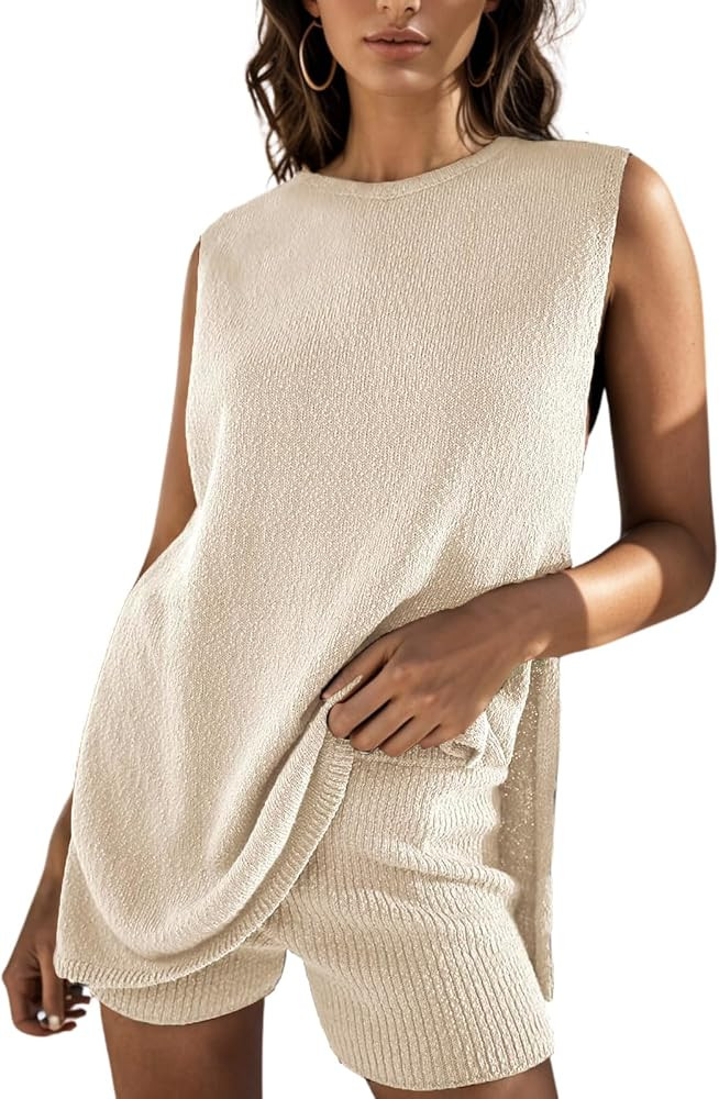 AnotherChill Women's 2024 Summer 2 Piece Outfits Knit Lounge Set Tracksuit Tank Top High Waisted ... | Amazon (US)