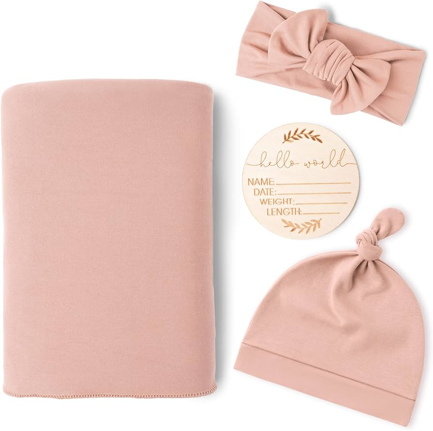 Konssy Baby Girl Newborn Receiving Blanket with Matching Headband and Beanie Set Baby Swaddle Nur... | Amazon (US)