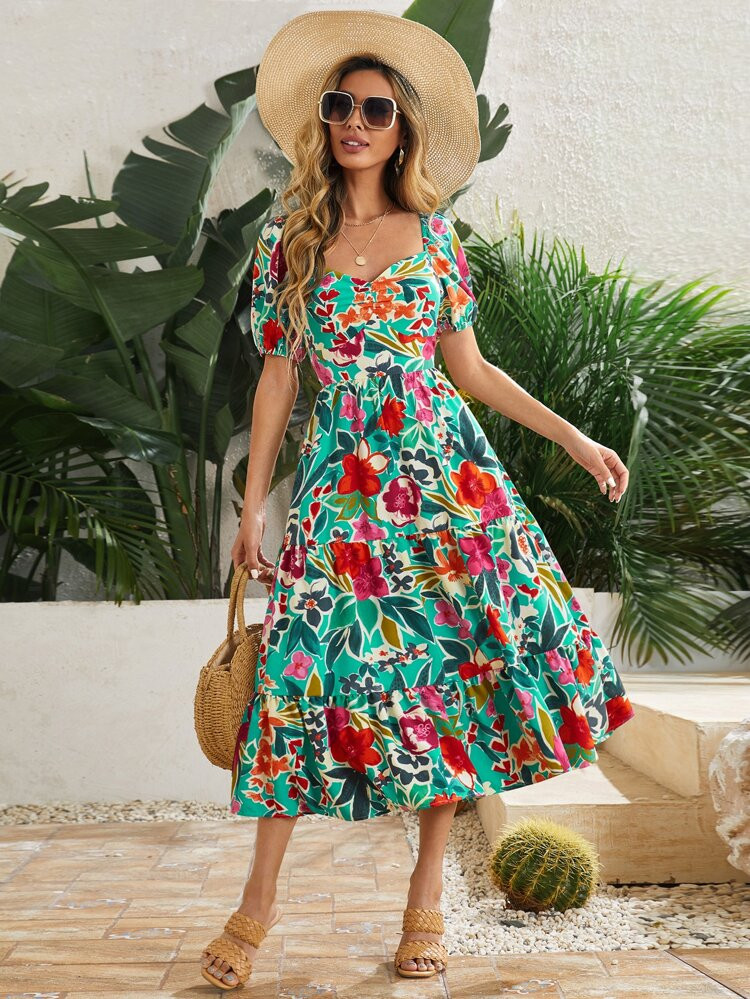 SHEIN Sweetheart Neck Puff Sleeve Ruffle Hem Floral Dress | SHEIN