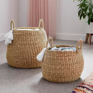 StyleWell Round Natural Water Hyacinth Decorative Baskets with White Tassels (Set of 2) BA1904115... | The Home Depot