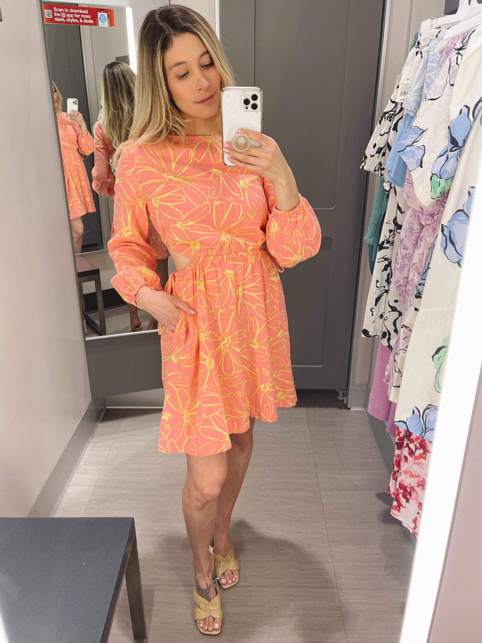 Women's balloon long sleeve mini dress. Floral print mini dress with side cut-outs. Mini dress with side pockets. Target mini dress. 3 inch woven strap mule heels. Comfortable women's heels. Target outfit

#LTKfindsunder50 #LTKstyletip #LTKSeasonal