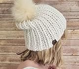 Womens White Chunky Beanie Hat Handmade with Faux Fur Pom Pom | Amazon (US)