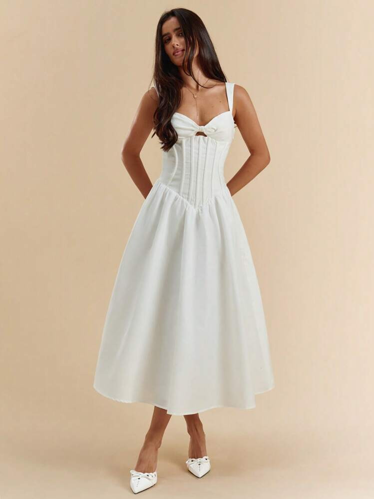 SHEIN BAE Spring Summer Solid White Elegant Slim Fit Casual Daily Bow Decor Midi Dress, Suitable For Vacation, Date, Music Festival, Birthday, Brunch, Wedding Guest, Bridesmaid | SHEIN