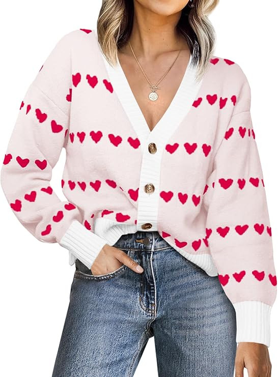 Saodimallsu Womens Heart Cardigan Sweaters Valentines V Neck Button Down Long Sleeve Knit Striped... | Amazon (US)