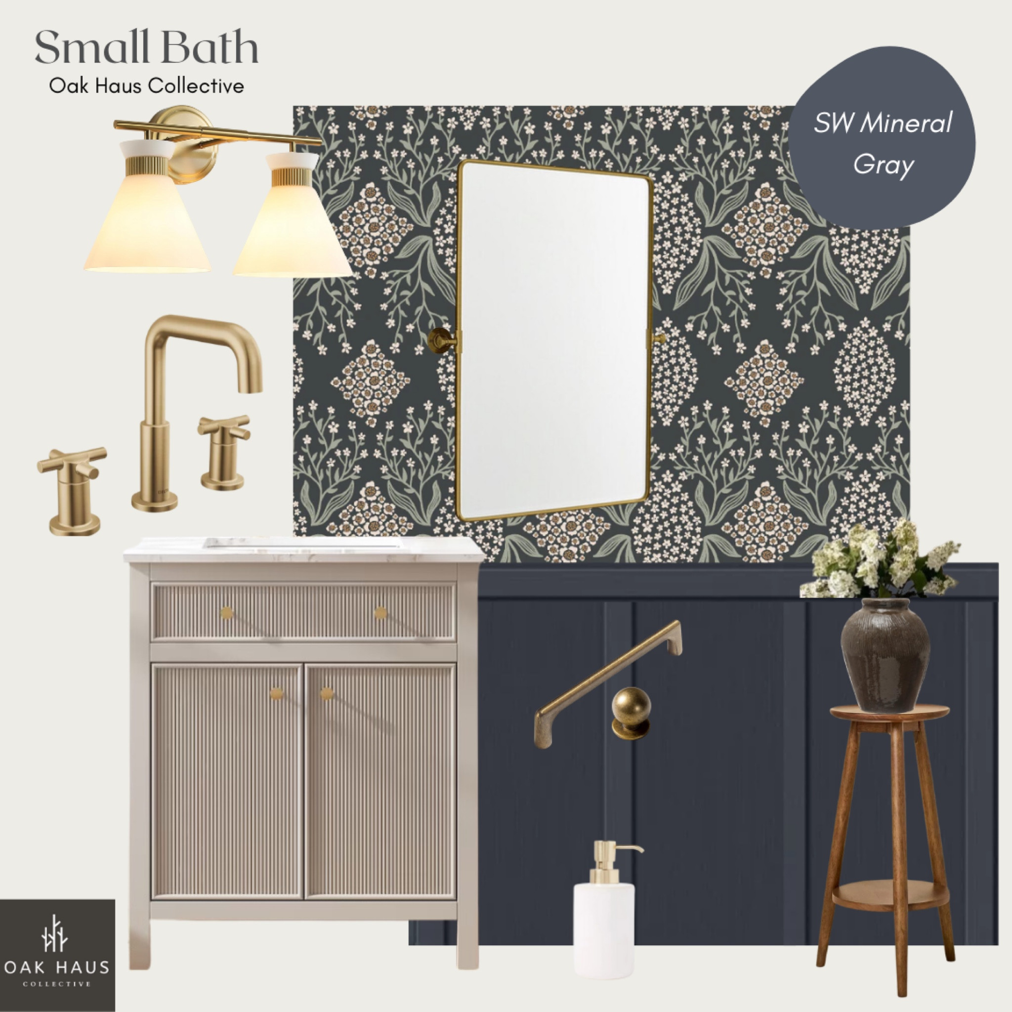 Small Bathroom Design 

Wallpaper is from Loomwell “Priscilla” in dark option (not on LTK). Use my code “OAKHAUS” for 15% their site 

Moody bathroom, dark bathroom, bathroom wallpaper, navy paint color, bathroom vision board, bathroom hardware, antique brass hardware, brass handles, brass faucet, bathroom faucet, vanity light, 2 light vanity, vanity mirror, bathroom mirror, pivot mirror, bathroom vanity, bathroom decor 

#LTKHome #LTKFamily #LTKStyleTip