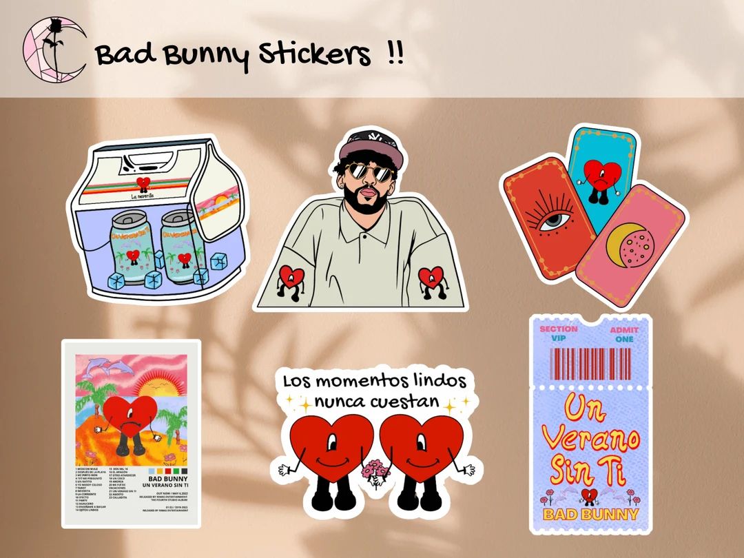 Bad bunny Stickers - 6 Count; Album, neverita, tarot, lindo, ticket, bad bunny | Etsy (US)