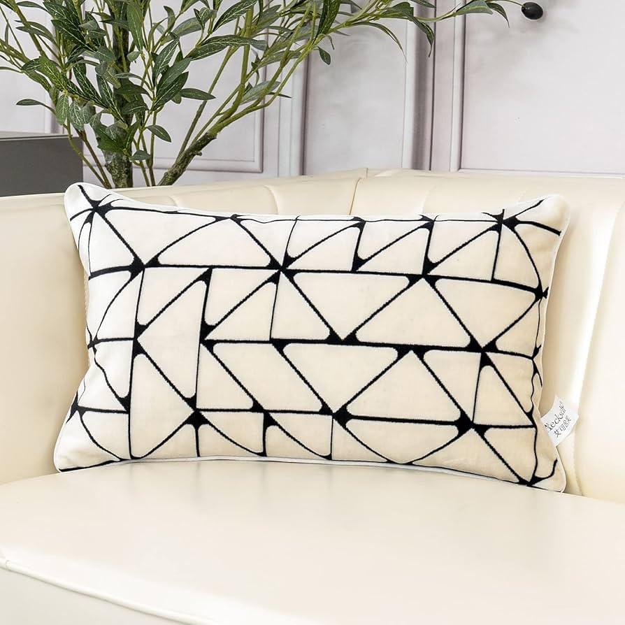 Aeckself 12 x 20 Inch White Geometric Black Plaid Stripes Cut Velvet Cushion Case Luxury Modern L... | Amazon (US)