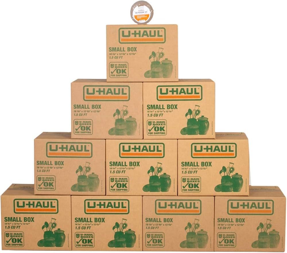 U-Haul Small Moving Boxes - Pack of 10 Boxes with Handles - 12-5/8” x 16-3/8” x 12-5/8”- Bo... | Amazon (US)