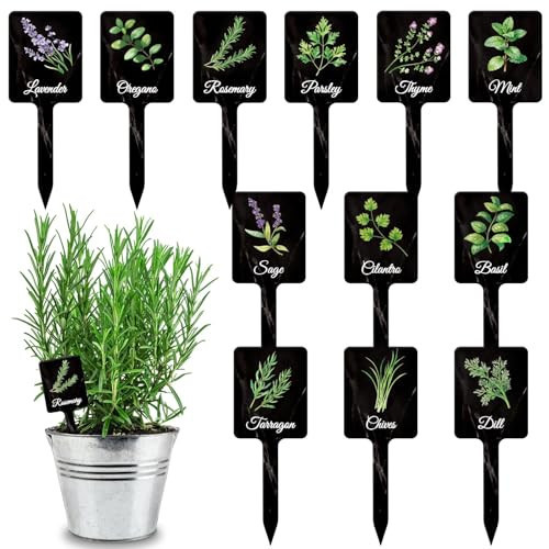 UPINS 24Pcs Acrylic Garden Herb Signs,Herb Garden Plant Labels Markers for Outdoors Black Waterproof Tags Signs with Printed Name for Indoor Outdoor Gardens Plants Potted | Amazon (US)