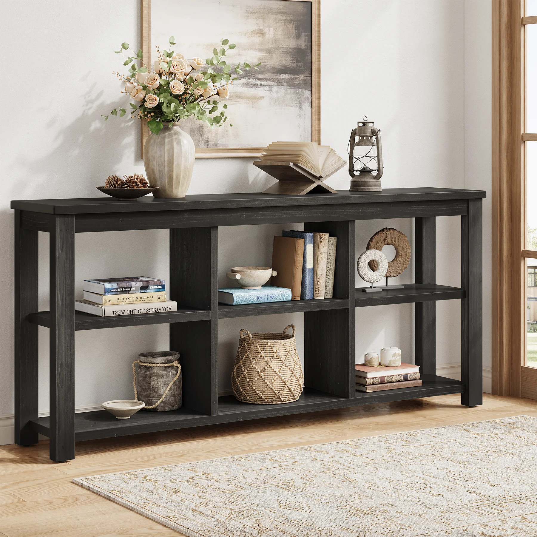 63-Inch Solid Wood Console Table With 6 Stoirage Cubes | Wayfair North America