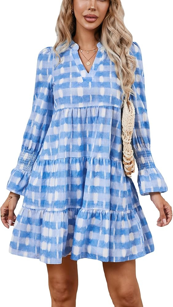 LADYFUL Womens Printed Mini Dress Long Sleeve V Neck Tiered Flowy Swing Summer Vacation Beach Sho... | Amazon (US)