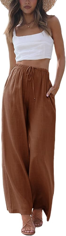 Faleave Women's Cotton Linen Summer Palazzo Pants Flowy Wide Leg Beach Trousers with Pockets | Amazon (US)