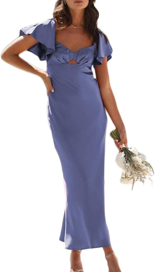 Summer Satin Flutter Sleeve Wedding Guest Dresses for Women Sweetheart Neckline Cutout Tie Back M... | Amazon (US)