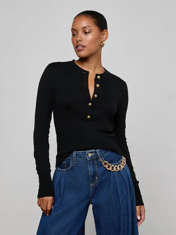 Ronda Knit Henley Top in Black/Gold | L'AGENCE | L'Agence