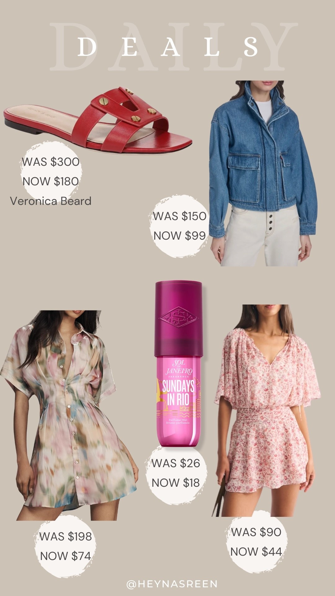 Daily deals on Veronica Beard sandals, Levi’s denim jacket, Abercrombie dress, Sol de Janeiro perfume, Anthropologie dress 