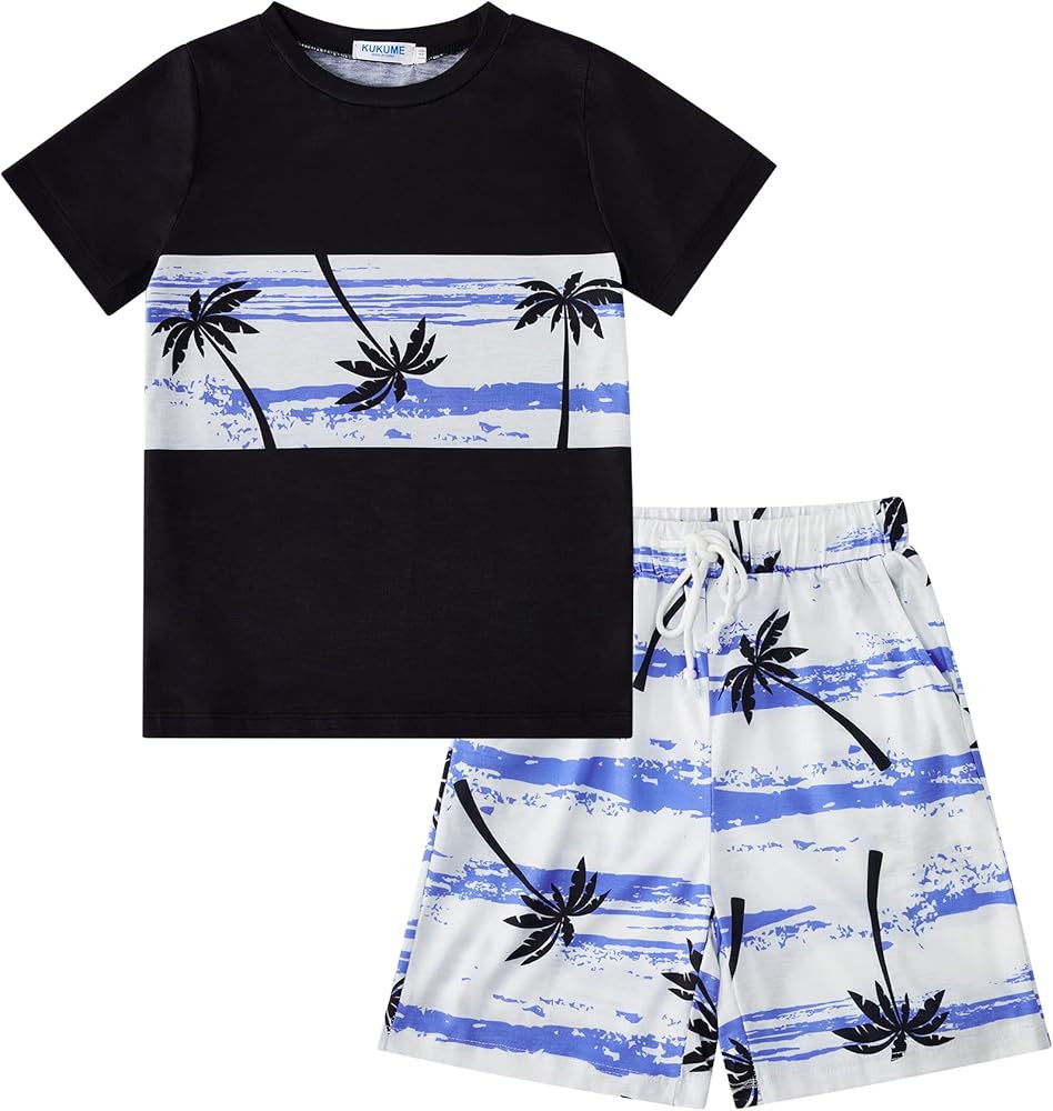 Boy Shorts Sets Hawaiian Outfit Kid Leaves Floral Short Sleeve Shirt Top+shorts Suits | Amazon (US)