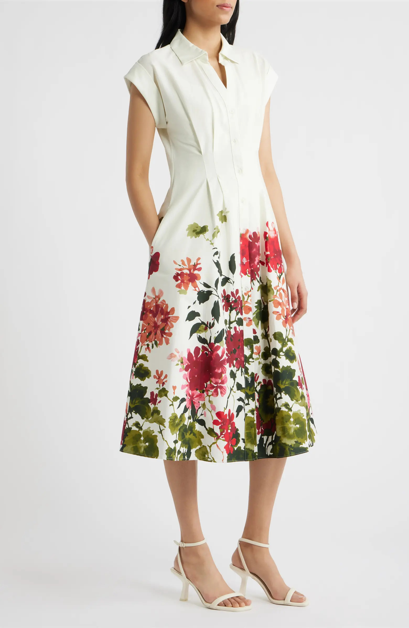 Julia Jordan Floral Placement Pleated Stretch Cotton Midi Shirtdress | Nordstrom | Nordstrom