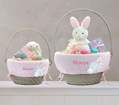 Pink Seersucker Applique Bunny Easter Basket Liner | Pottery Barn Kids