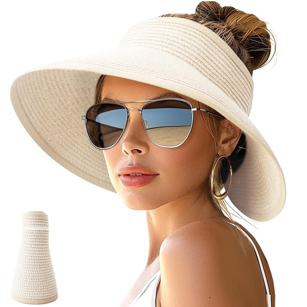 NPJY Sun Hats for Women Wide Brim Roll-Up Beach Ponytail Hat Packable Foldable Travel Straw Visor | Amazon (US)