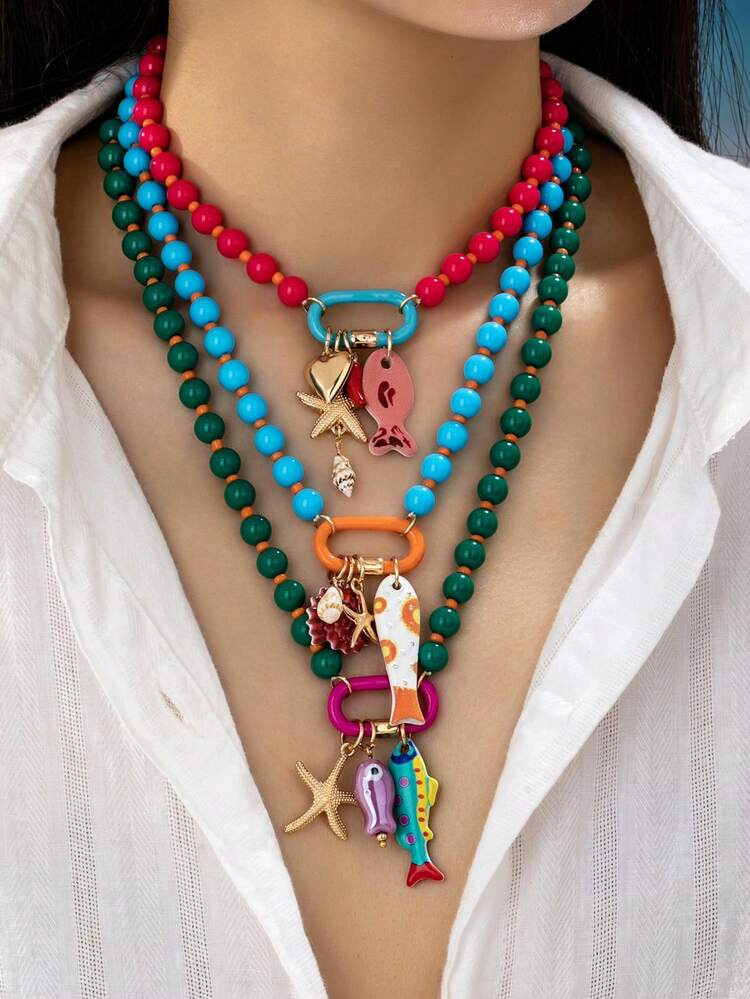 1pc Summer Beach Style Multi-Layer Beaded Necklace With Colorful Fish & Starfish Pendants, Bohemi... | SHEIN