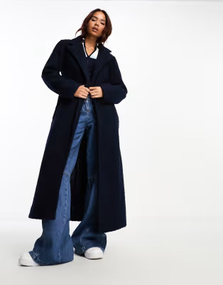 Brave Soul boucle formal belted coat in navy | ASOS (Global)