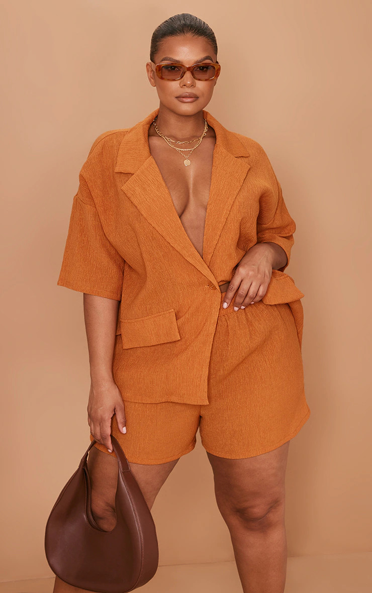 Plus Rust Textured Linen Tie Waist Short Sleeve Shirt | PrettyLittleThing US