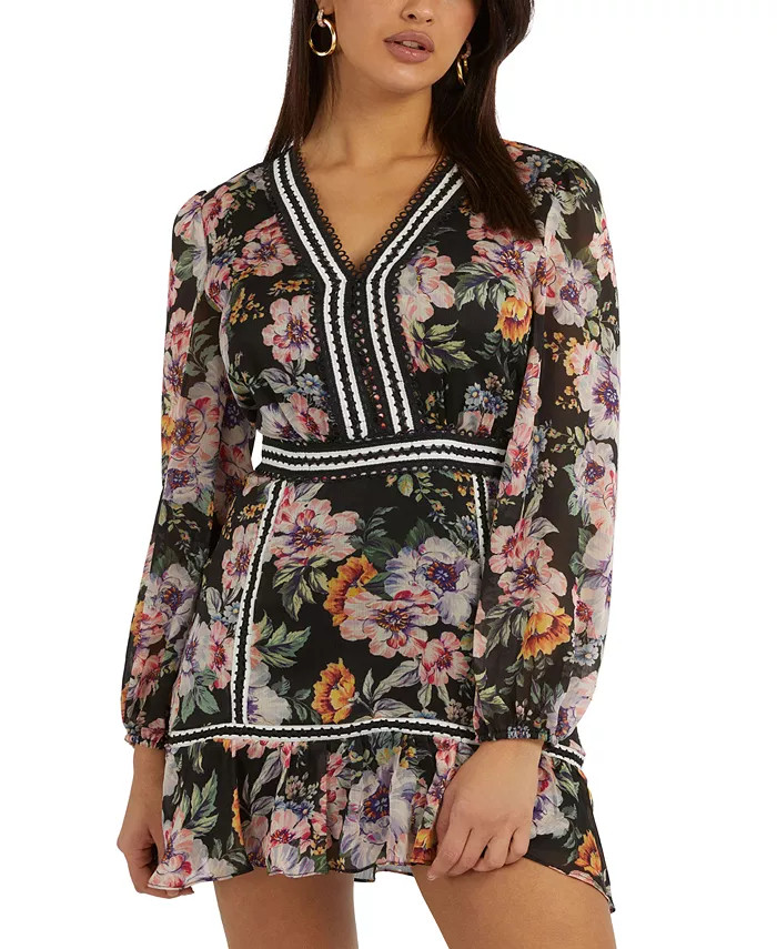 GUESS Women's Elana V-Neck Printed Long-Sleeve Dress - Macy's | Macys (US)