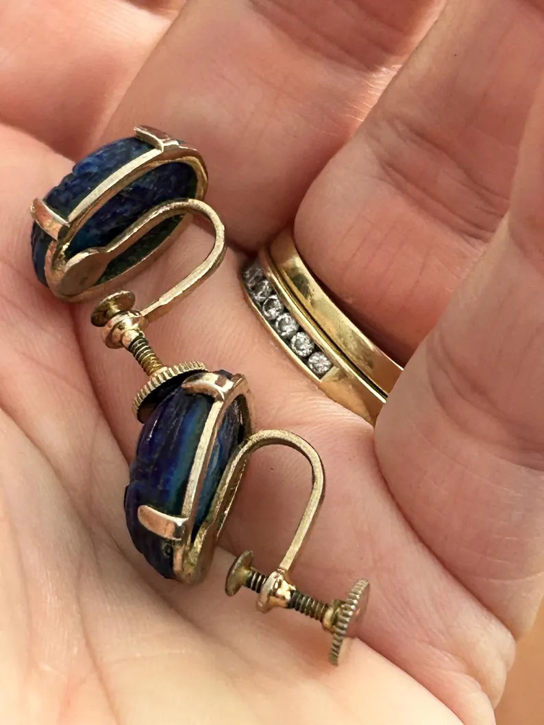 Blue Scarab Beetle Dangle Earrings, Vintage Bug Jewelry, Non-Pierced Screwback | Etsy (Global)
