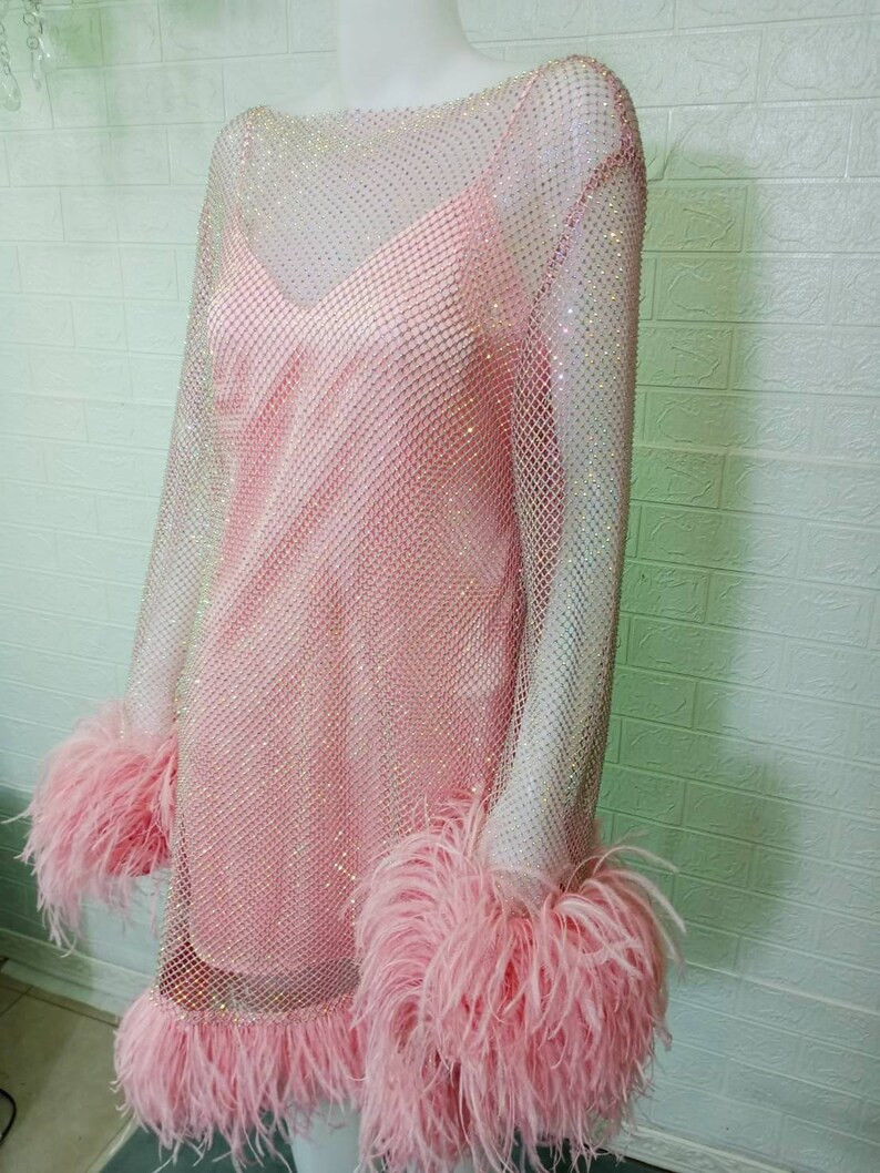 MARAYA Pink Rhinestone Mesh Long Sleeve Mesh Mini Dress With Slip Dress - Etsy | Etsy (ES)