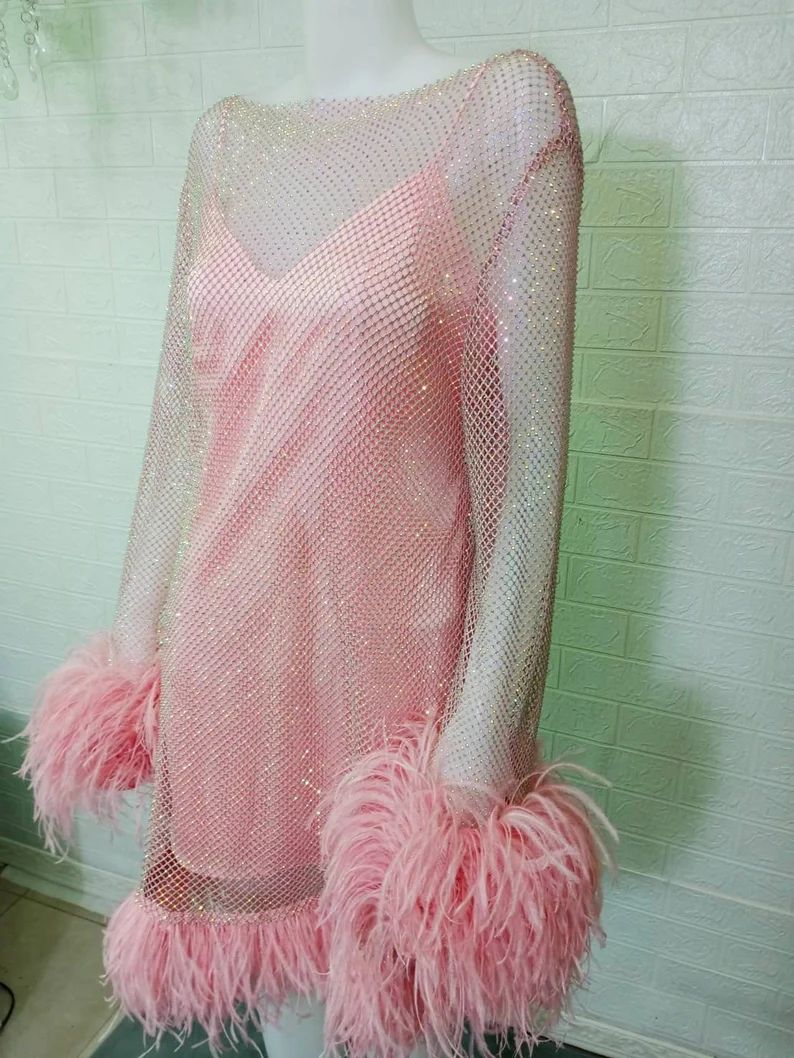 MARAYA Pink Rhinestone Mesh Long Sleeve Mesh Mini Dress With Slip Dress - Etsy | Etsy (ES)