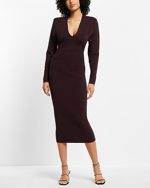 V-Neck Long Sleeve Padded Shoulder Back Cutout Midi Sweater Dress | Express