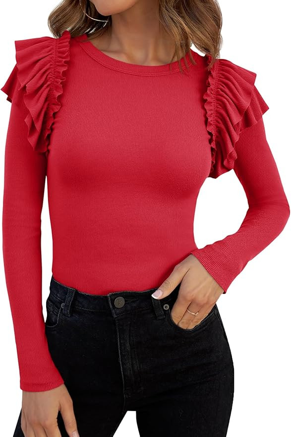 Tankaneo Womens Ruffle Long Sleeve Shirts Fitted Ribbed Knit Tops Fall Casual Crew Neck Tees | Amazon (US)