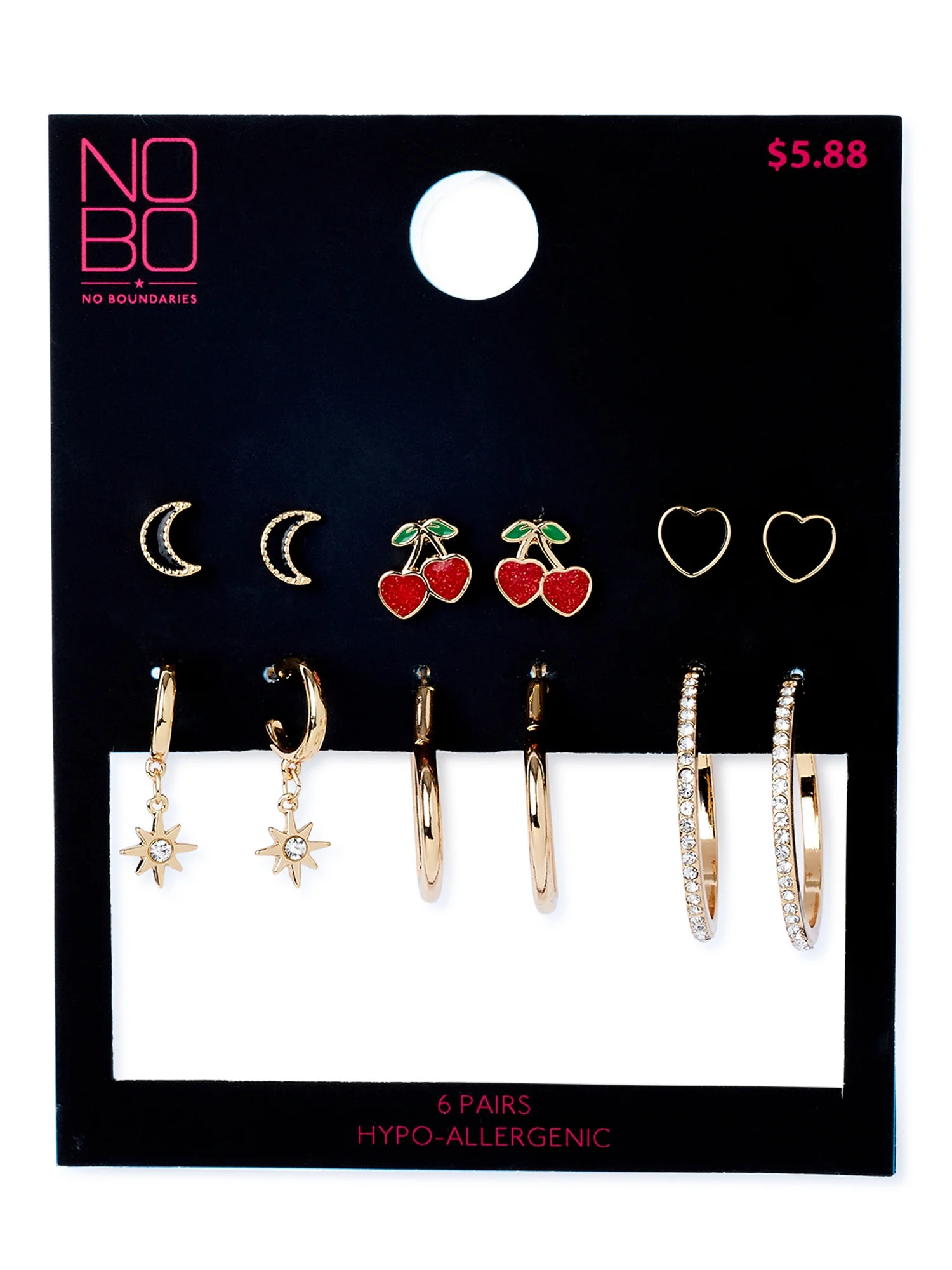 No Boundaries Cherry, Hearts and Moons Earrings Set, Six-Pair Pack | Walmart (US)