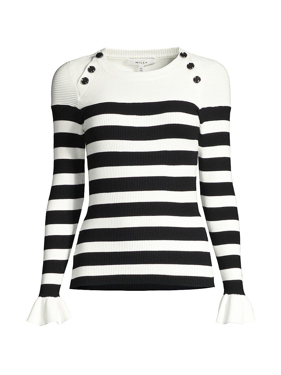 Milly Women's Striped Button-Shoulder Ruffle-Cuff Top - Ecru Black - Size Small | Saks Fifth Avenue