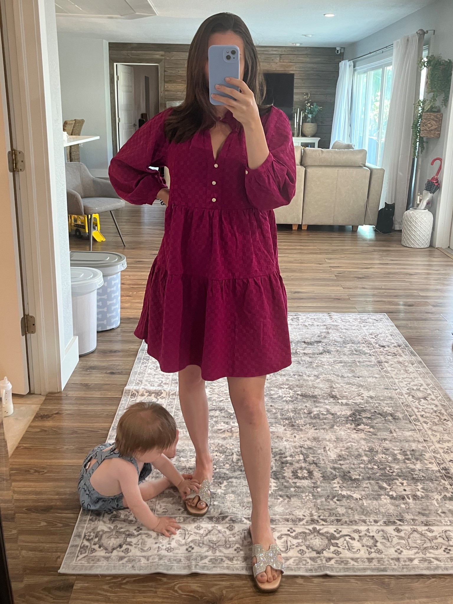 I am 5’3 Wearing a size small.
This dress is flattering on any chest size! I am a 34DDD for reference and there is plenty room in the bust . 
The zippers for nursing or pumping are hidden in the seams in the front. 

#LTKBump