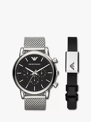 Emporio Armani AR80062SET Men's Luigi Chronograph Date Leather Strap Watch and Leather Bracelet S... | John Lewis (UK)