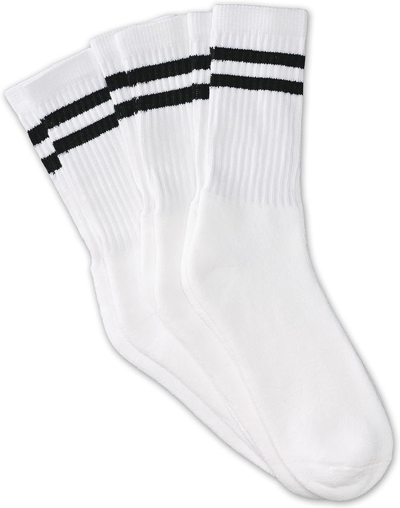 12 Pairs White Unisex Crew Socks with Two Black Stripes Classic Retro Old School | Amazon (US)
