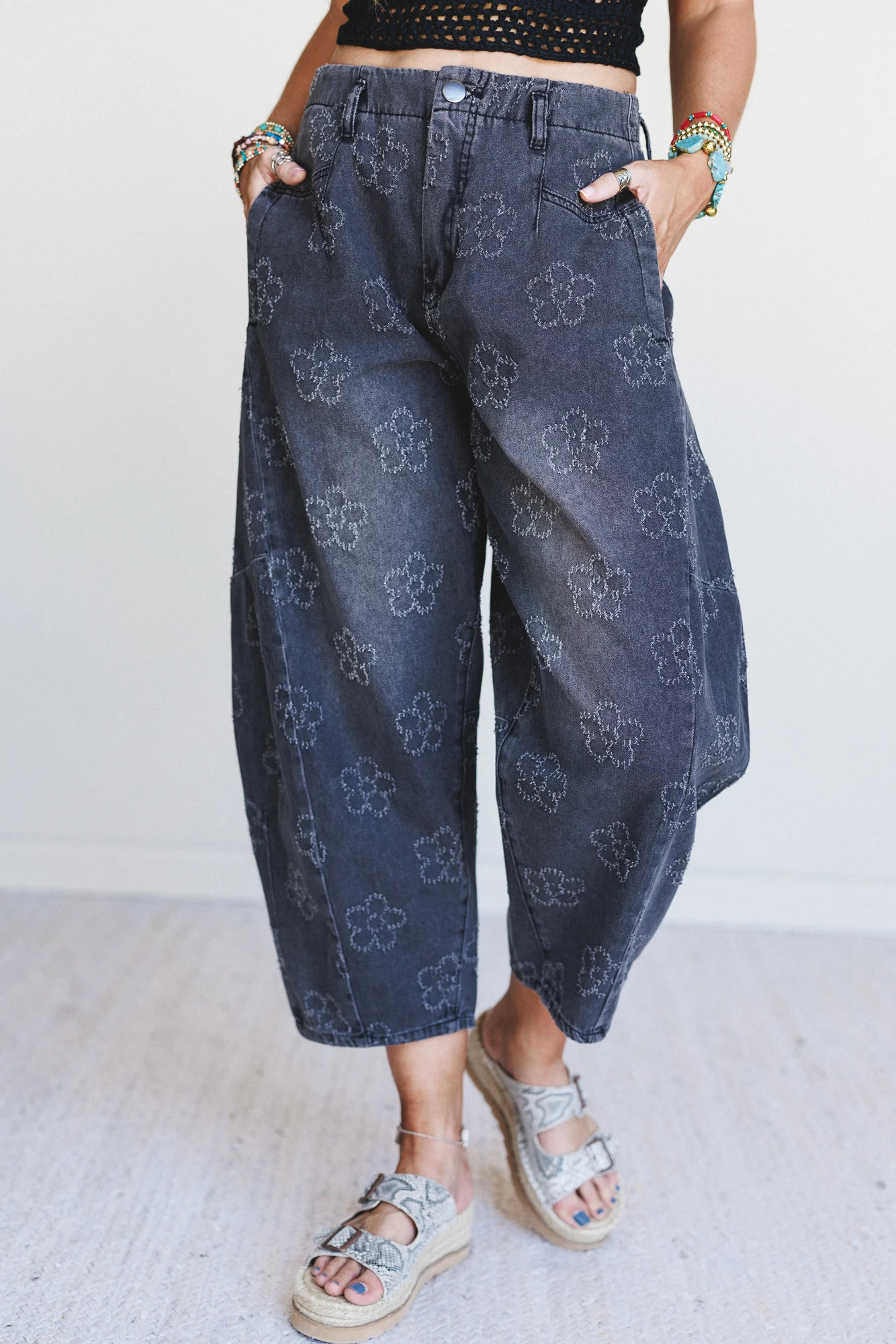 Blossom Trail Barrel Jeans - Black | Three Bird Nest